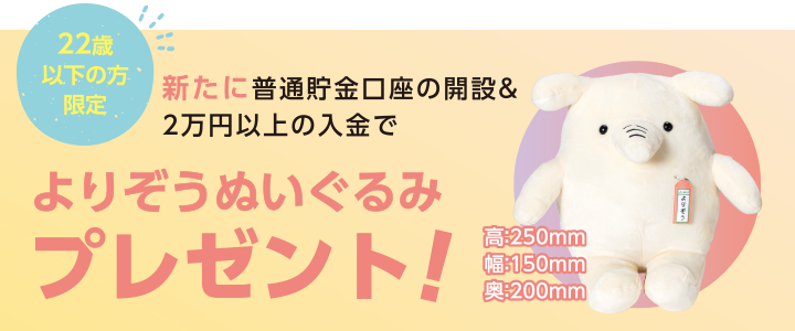 22歳以下の方限定　新たに普通貯金口座の開設＆2万円以上の入金でよりぞうぬいぐるみプレゼント！　ぬいぐるみサイズ、高さ220mm、幅150mm、奥行き200mm