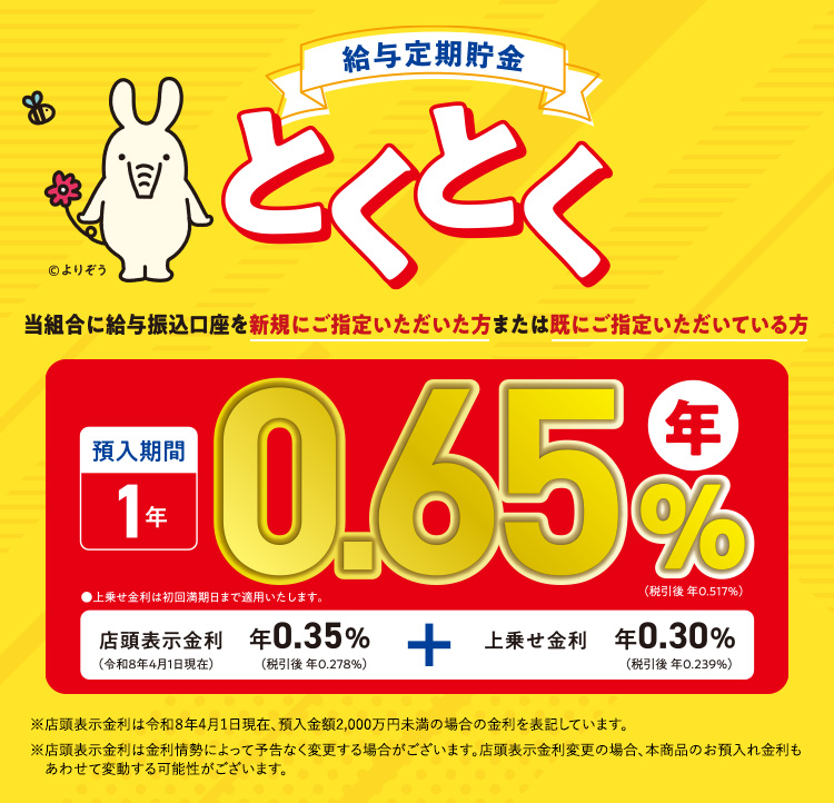 給与定期貯金とくとく／当組合に給与振込口座を新規にご指定いただけた方または既にご指定いただいている方／預入期間1年 年0.65％（税引後 年0.517%）●上乗せ金利は初回満期日まで適用いたします。店頭表示金利年0.35％（税引後 年0.278%）＋上乗せ金利年0.30％（税引後 年0.239%）※店頭表示金利は令和８年4月1日現在、預入金額2,000万円未満の場合の金利を表記しています。※店頭表示金利は金利情勢によって予告なく変更する場合がございます。店頭表示金利変更の場合、本商品のお預入れ金利もあわせて変動する可能性がございます。