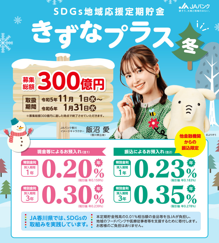 SDGs地域応援定期貯金きずなプラス冬　募集総額300億円/取扱期間　令和5年11月1日～令和6年1月31日