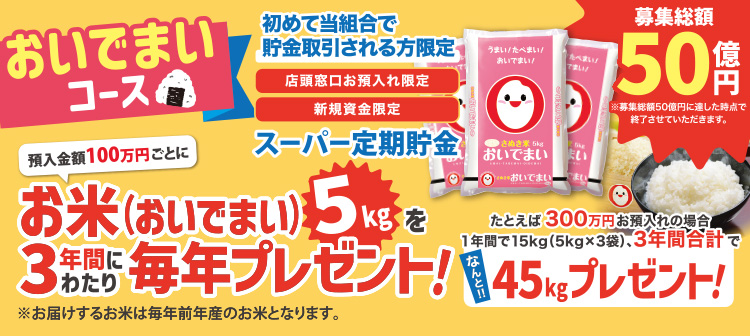 おいでまいコース／初めて当組合で貯金取引される方限定「店頭窓口お預入れ限定」「新規資金限定」スーパー定期貯金／募集総額50億円 ※募集総額50億円に達した時点で終了させていただきます。／預入金額100万円ごとにお米（おいでまい）5kgを3年間にわたり毎年プレゼント！たとえば300万円お預入れの場合1年間で15kg（5kg×3袋）、3年間合計でなんと！！45kgプレゼント！※お届けするお米は毎年前年産のお米となります。